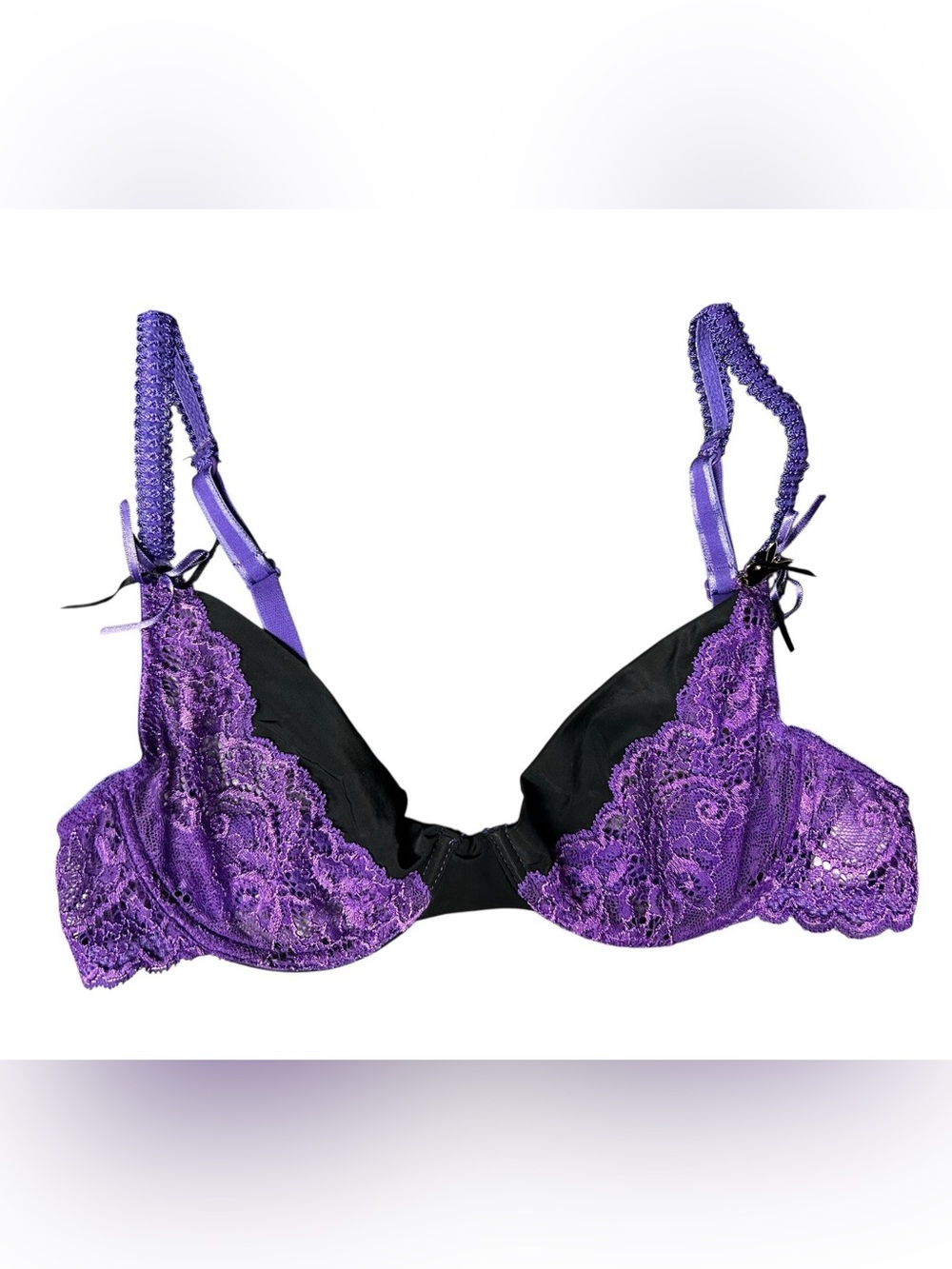Vintage PLAYBOY Intimates Purple Black Lace Wired See-thru Lingerie Bra Sz 34B